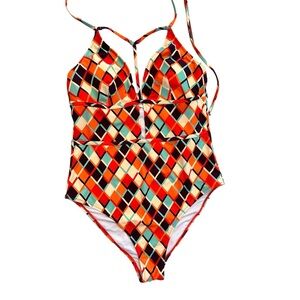 CUPSHE ~ Women’s Colorful Orange and Teal and Brown 1-Piece Swimwear size L